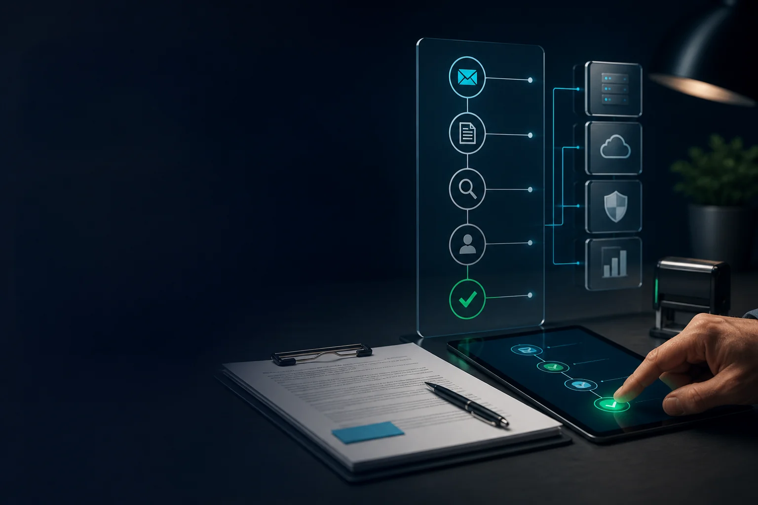 AI agent evidence chain connecting email, documents, reconciliation, and human approval